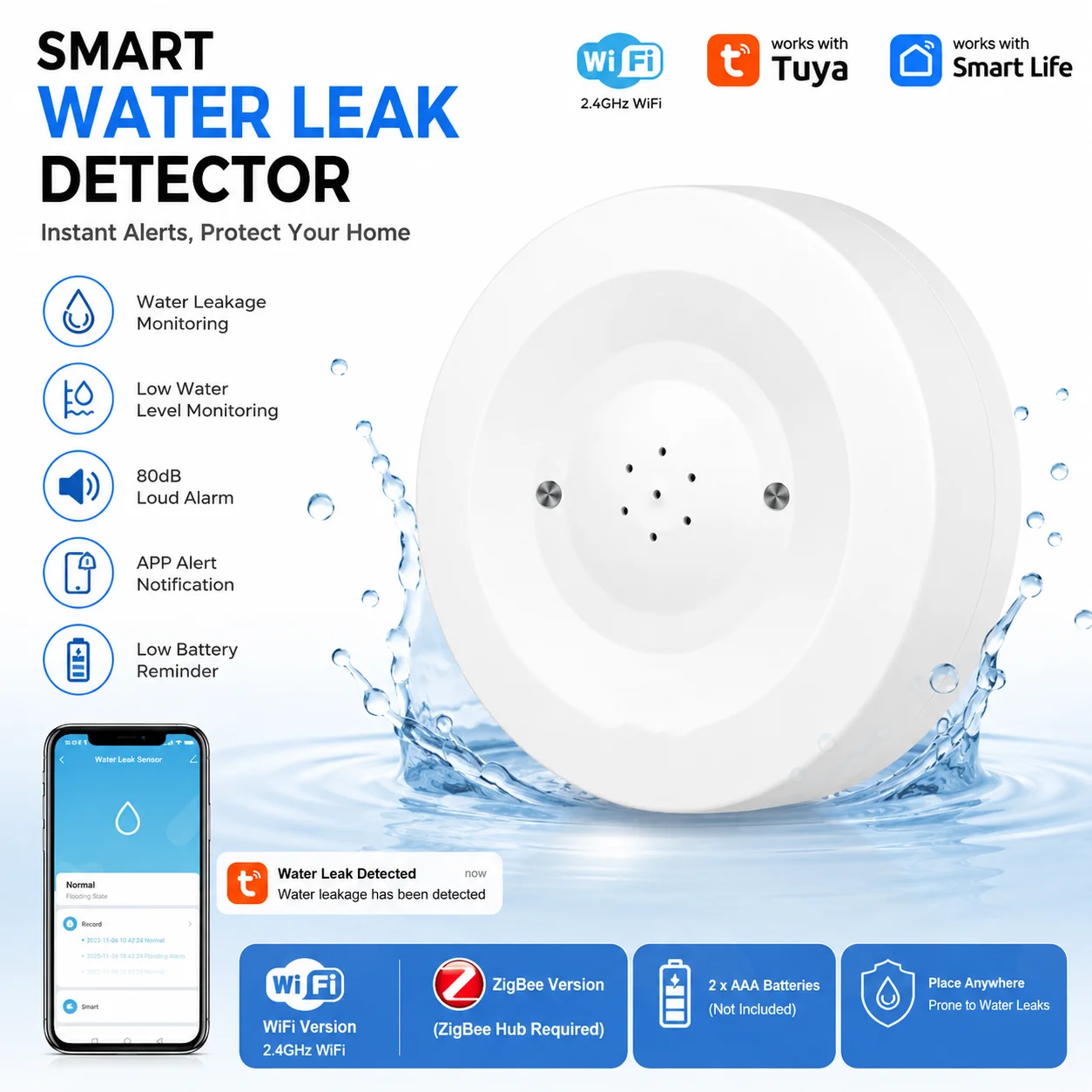 Tuya Smart Water Leak Detector, Available in WiFi or ZigBee (Hub Required) Versions, Flood Sensor with APP Alerts
