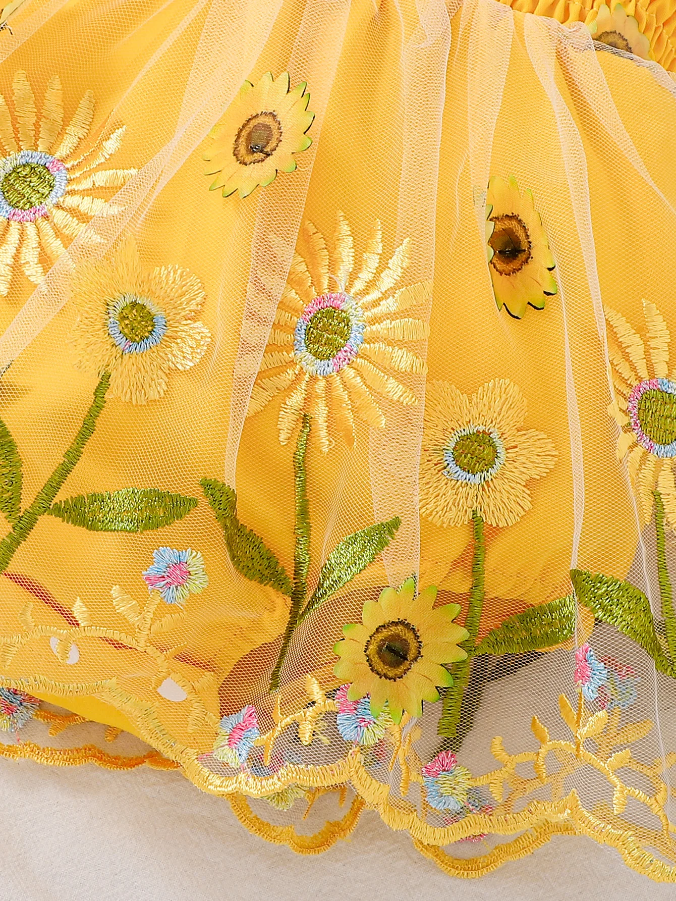 Baby Girl Sunflower Embroidered Tutu Dress Set, Yellow Bow Headband, Summer Sweet Princess Dress view 6