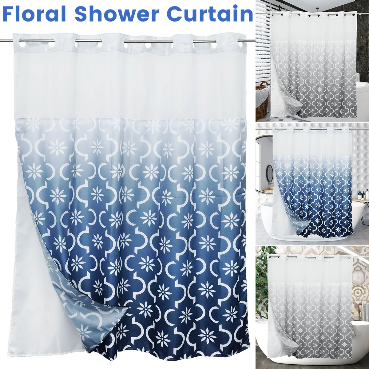 

Hook Free Shower Curtain Waterproof Bathroom Curtains with Snap-in Liner Washable Bath Curtains Blue/Grey Decorative Shower