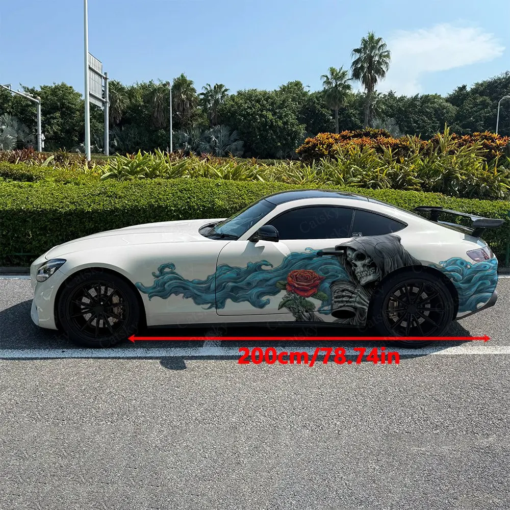 2pcs Trendy Blue Flame Skull Coffee Car Side Wrap, Self-Adhesive PVC Waterproof & Scratch-Resistant Stickers, Car Accessory Gift