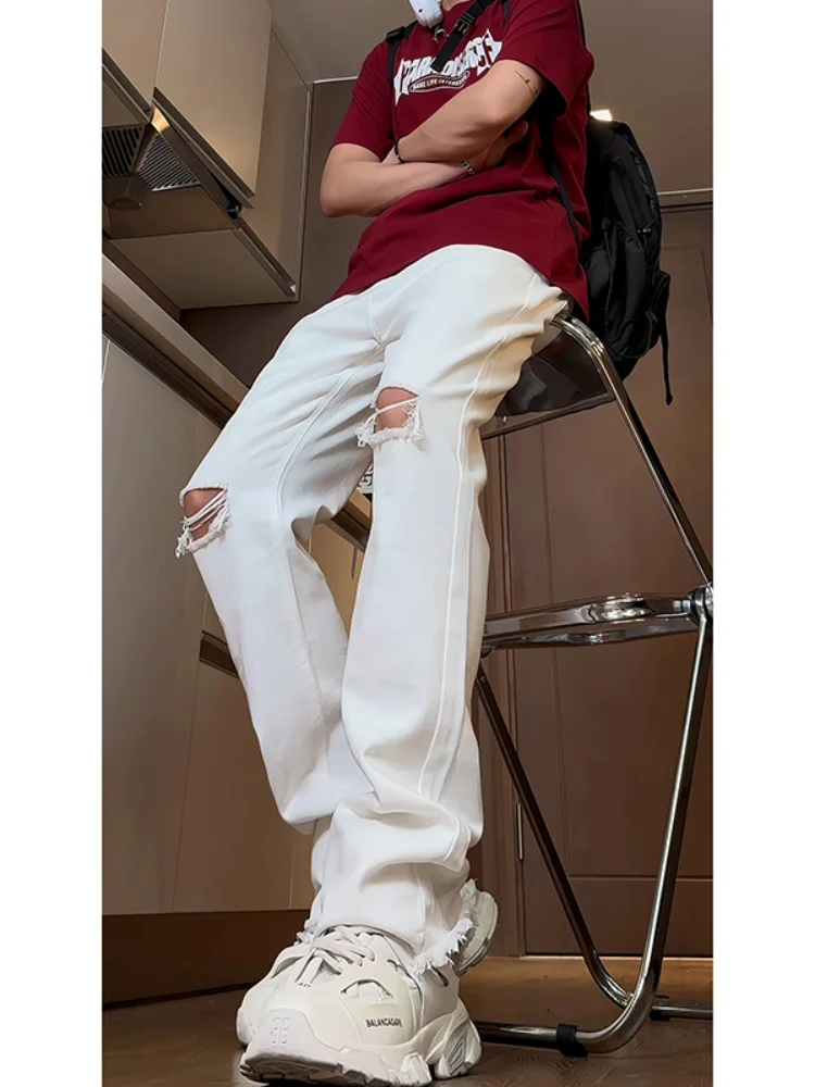 

Мужские рваные джинсы прямого кроя, летние повседневные свободные длинные брюки, универсальные джинсовые штаны из смесового хлопка в стиле High Street