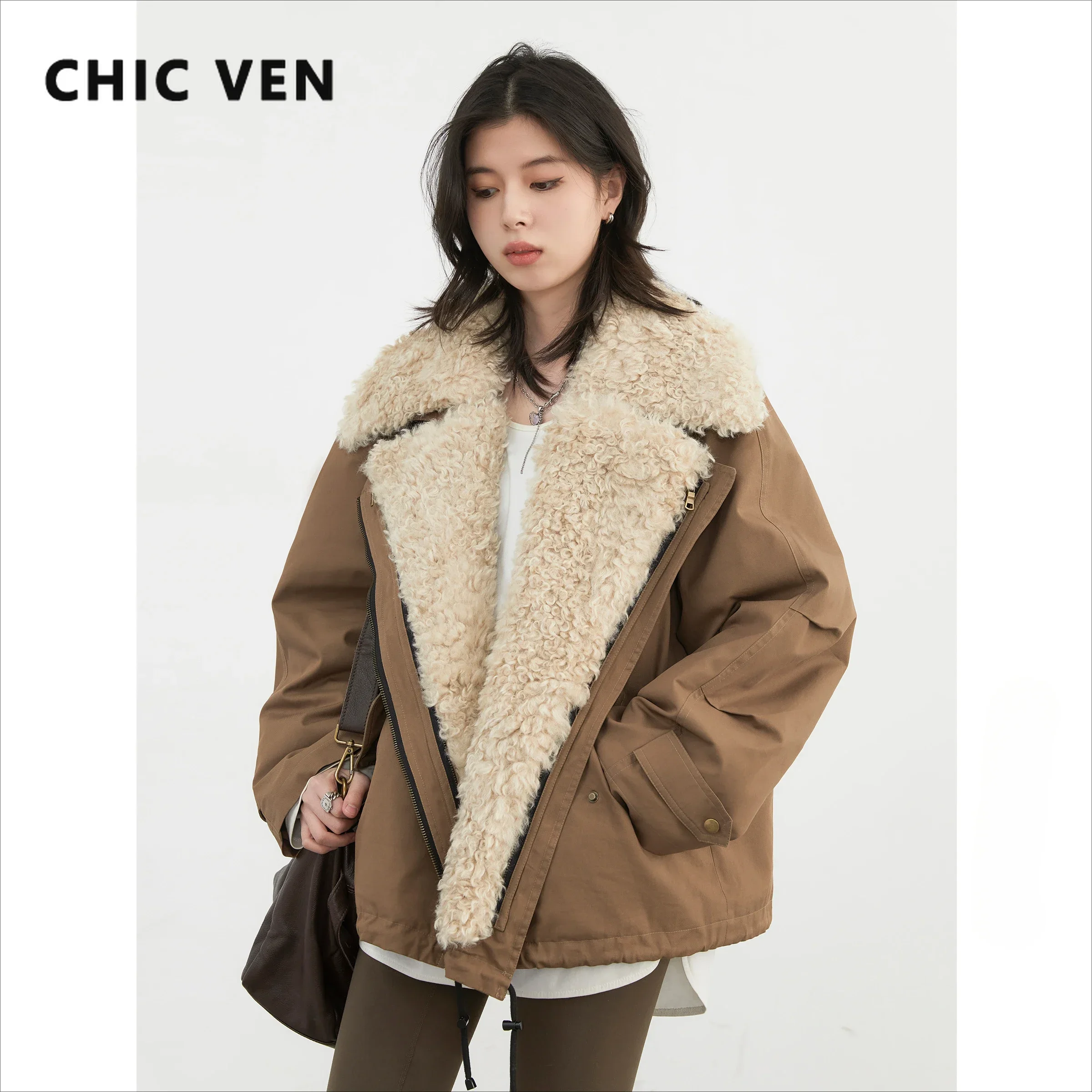 CHIC VEN Women Coats Streetwear Loose Casual New Retro Motorcycle Cotton Jacket Thick Warm Female Overcoat Autumn Winter 2024