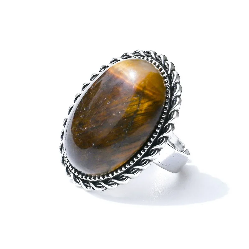 10pcs Vintage 18x25mm Oval Natural Stone Crystal Ring Amethyst Tiger Eye Yellow Jade Agate Unique Gemstone Ring for Women