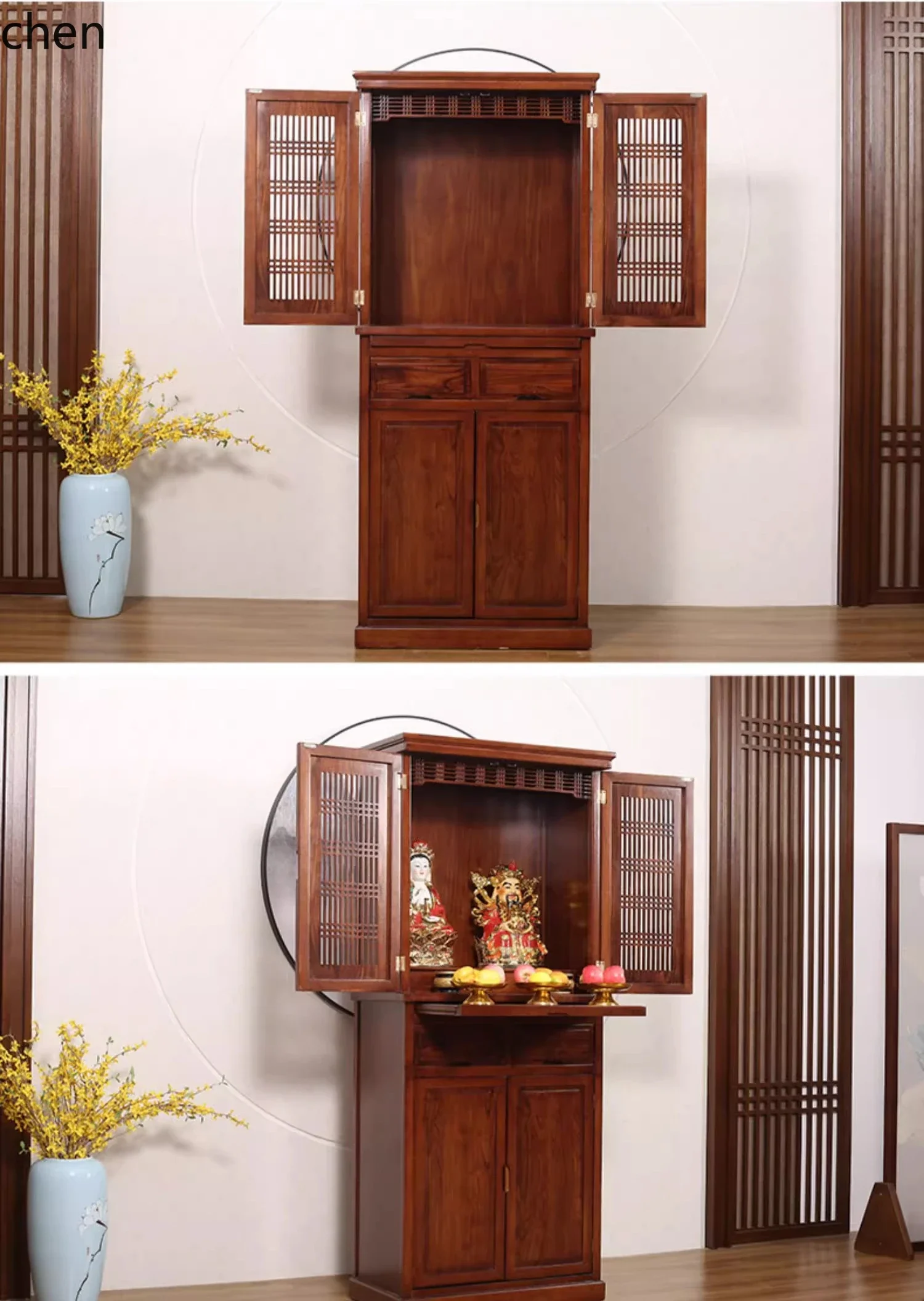 HYS solid wood Buddhist shrine with door for Taiwan Guanyin Bodhisattva Guan Gong God of Wealth Standing Cabinet Shrine