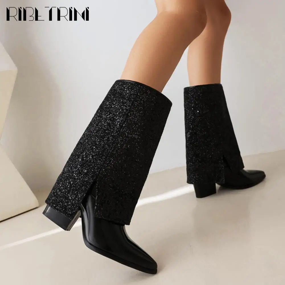 Glitter Plarform Fold Over Boots Mid Cald Chunky Heel Designer Cool Fashion Elegant Sexy Women Shoes 2023 New Brand Winter