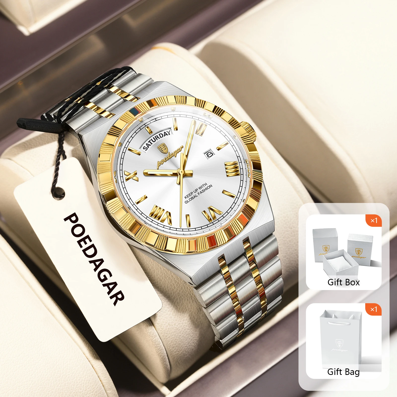 

POEDAGAR Luxury Man Watch Waterproof Luminous Week Date Wristwatch For Men Stainless Steel Fashion Quartz Men's Watches+Box Gift