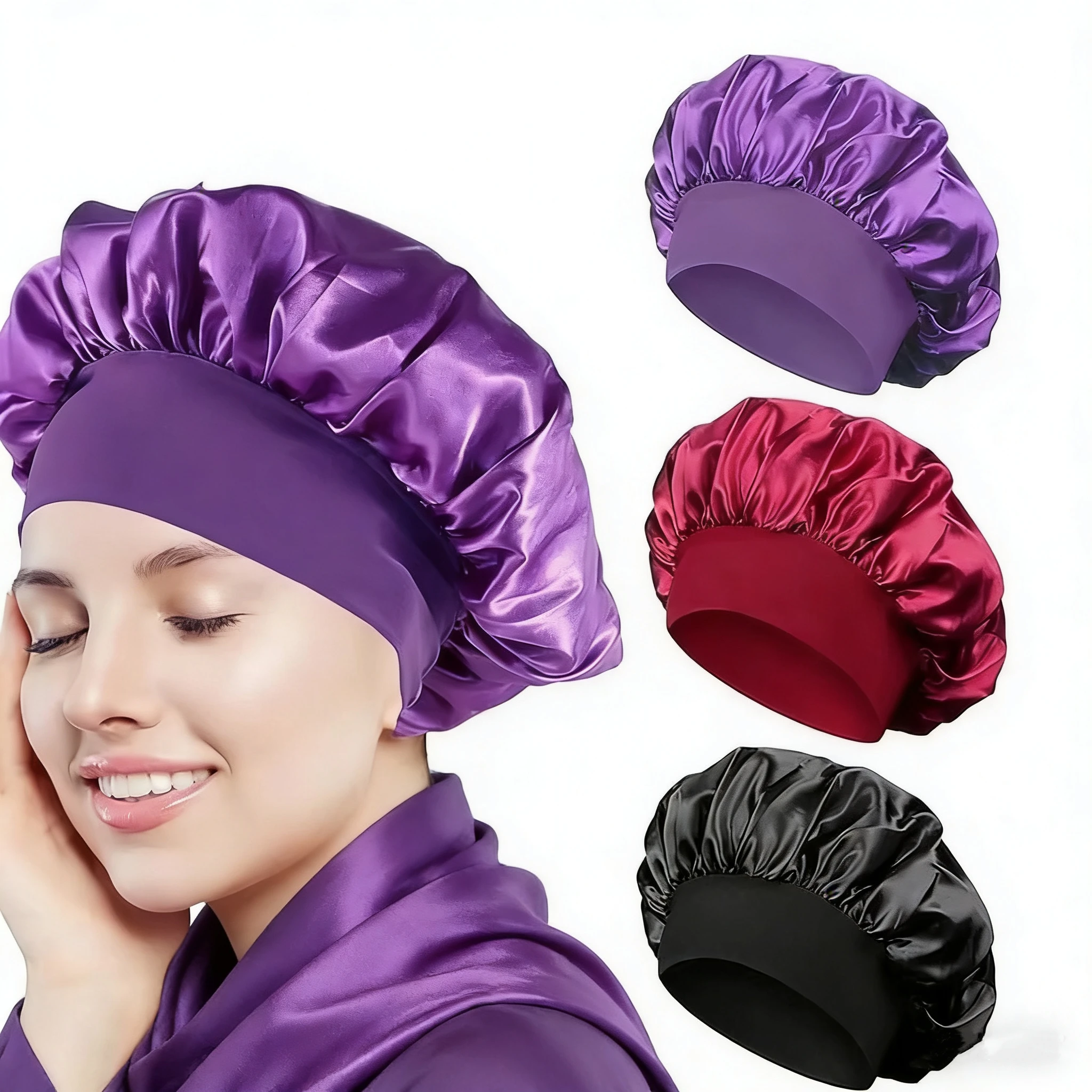 Bonnet Sleeping Cap Nightcap High Elastic Wide Brim Satin Night Hat Shower Silky Bonnet Hair Cover Wrap for Women Man Sleep Cap