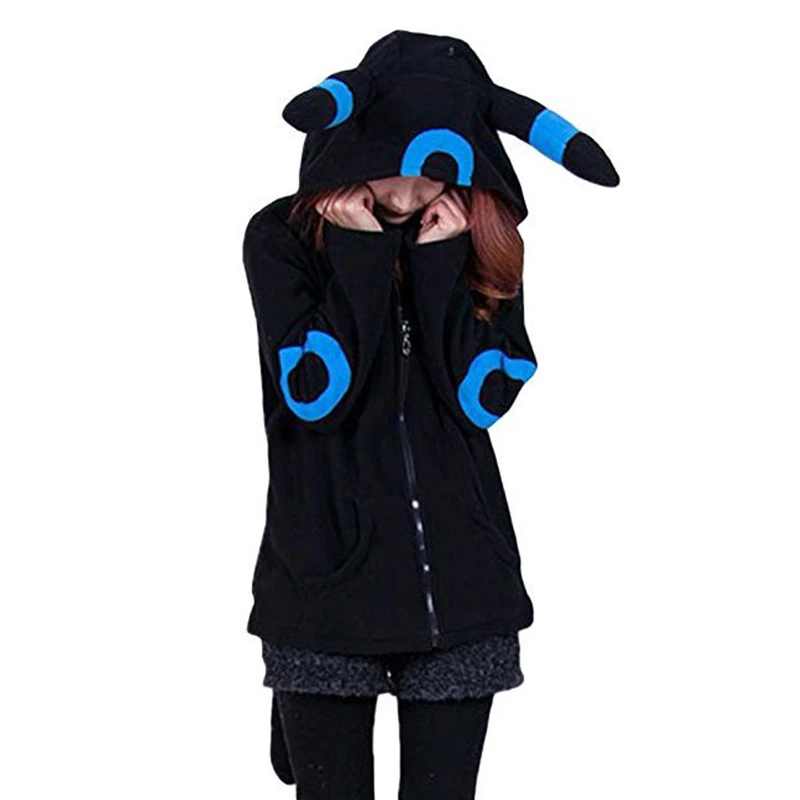 Feminino bonito algodão mistura manga longa anime cartoon umbreon hoodies pulôver tops jaqueta casacos moletom outwear