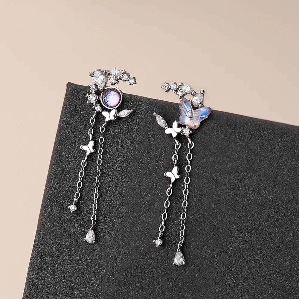 

New S925 silver butterfly earrings for women, colorful moon garland, asymmetrical temperament, fashionable wedding jewelry