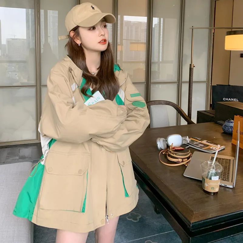 Casual contrasting color hooded trench coat women's small spring khaki tooling jacket