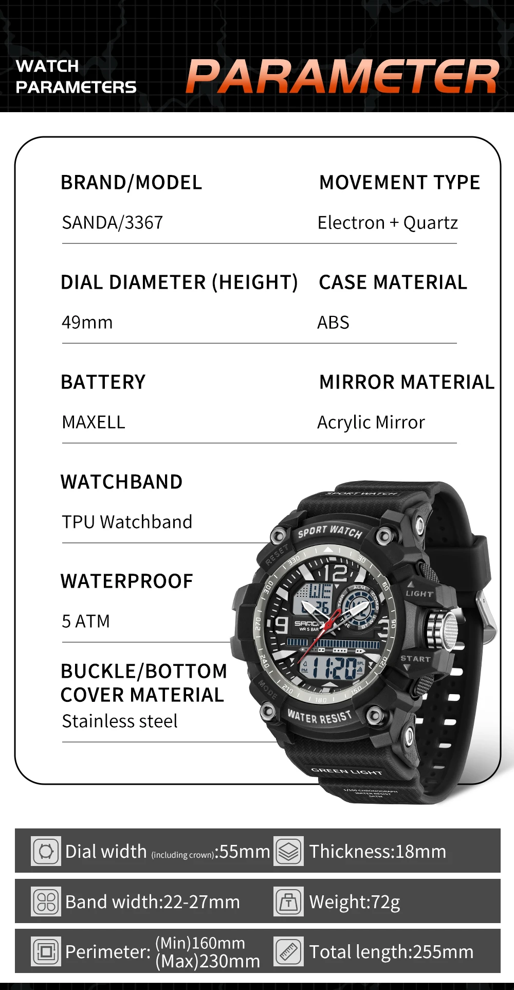 SANDA 3367 Orologio elettronico da uomo di moda Sport all'aria aperta Orologio digitale elettronico da uomo LED impermeabile multifunzionale 2025