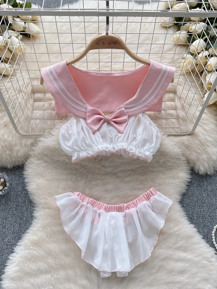 

Women Two Piece Sets Sailor Collar Sleeveless Crop Top with Mini Shorts Vintage Y2k Pink Pants Sets Outfit 2000s Vintage Clothes