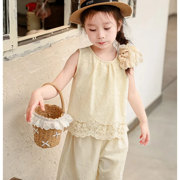 Lace Straw Children's Beach Purse Handbags Sweet Bowknot Baby Girls Shoulder Bags Cute Woven Kids Summer Tote Travel Basket Bag