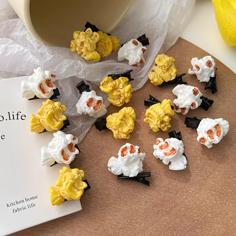 2PCS Cute Simulation Handmade Popcorn Hair Clip Girl Child Side Forehead Broken Hair Hairband Clip Fashionable Headpiece