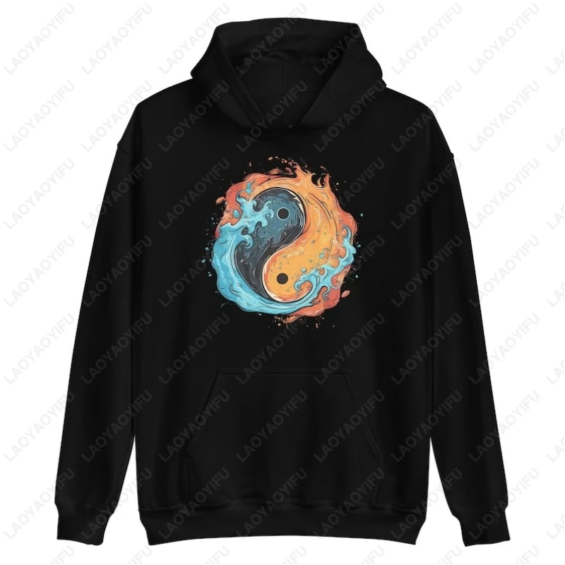 Fire and Water Yin Yang Hooded Mens Womens Unisex Balance Harmony Zen Spiritual Pullover Vibrant Symbol Gym Mandala Sweatshirt
