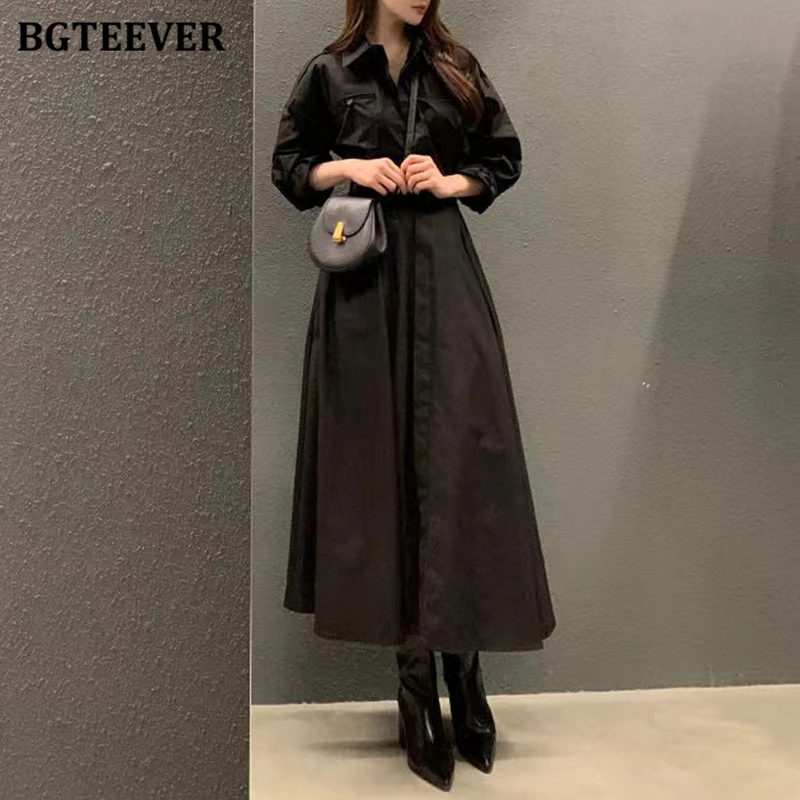 BGTEEVER Spring Vintage Lapel Long Sleeve Female A-line Dress Stylish Elastic Waist Single-breasted Midi Dress for Women