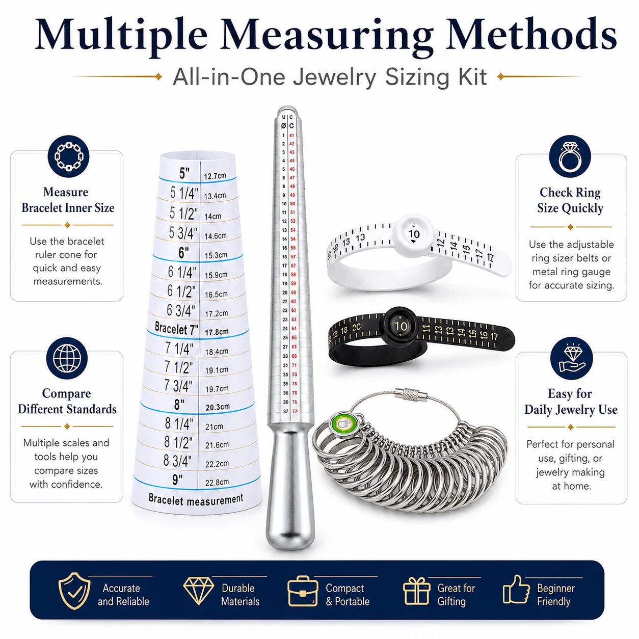 TOKTOS 7PCS Jewelry Ring Sizer Kit Ring Mandrel Finger Gauge Set US Size 0-13 Bracelet Measuring Cone Ring Size Tool