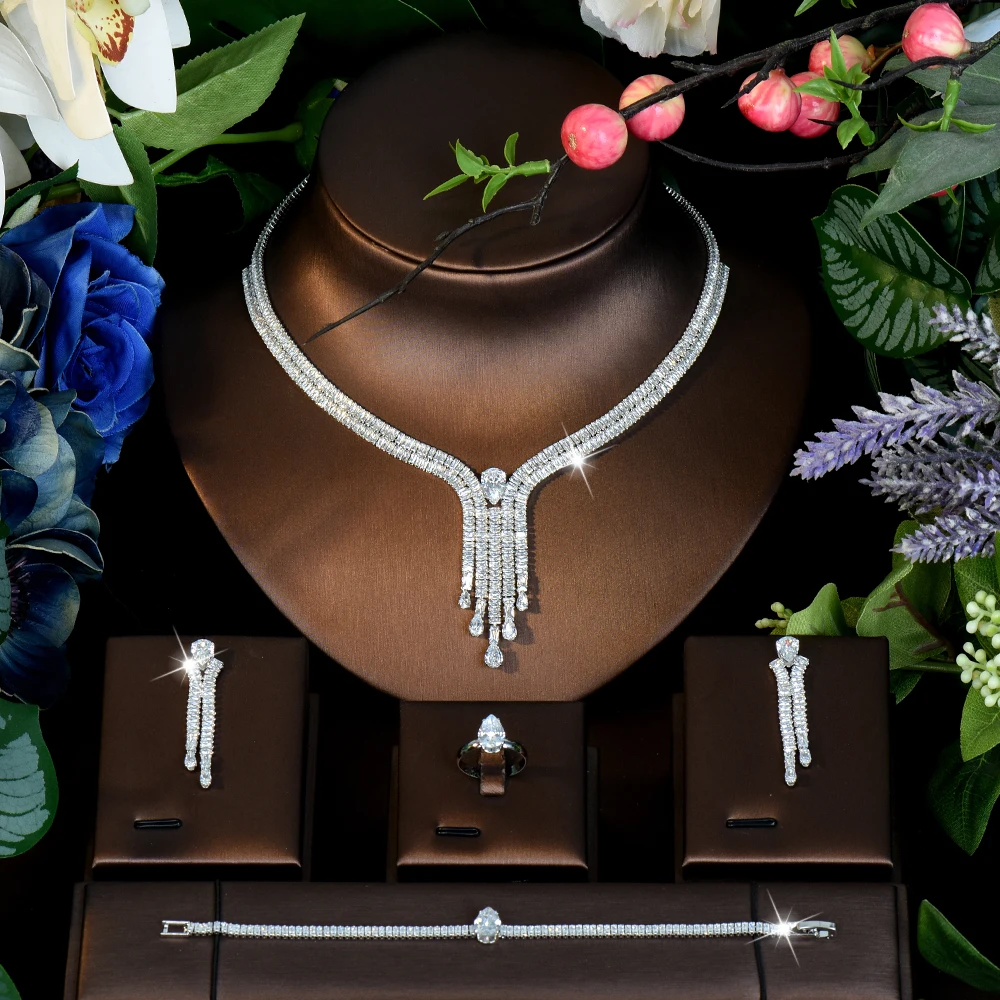 HIBRIDE Premium Temperament Water Drop Necklace Earrings Bracelet Set Women's Jewelry Wedding Bridal Travel Everyday Gift S-1192