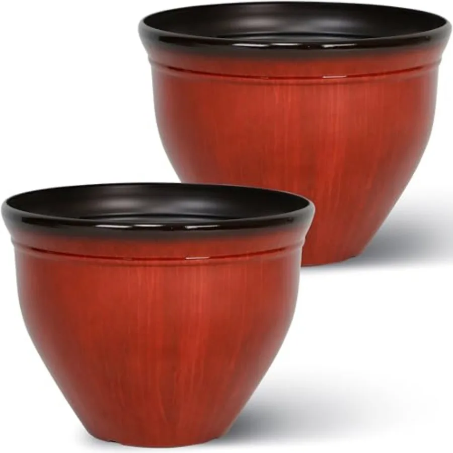 

Garden 16-Inch Dia. Large Round Plastic Planters with Drain Holes, 13.5-Inch Height - 2-Pack Glossy Finish Bell-Shaped Plant Po