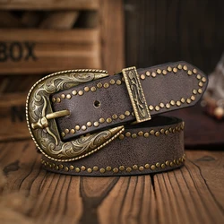 A men's and women's vintage bull head relief metal buckle casual style brown riveted PU belt suitable for daily business attenda