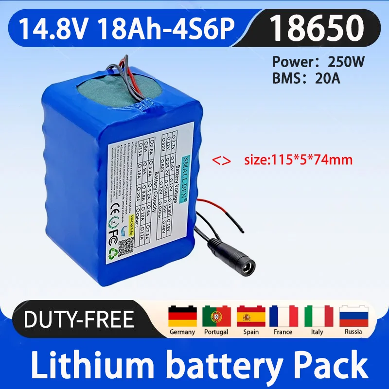 

14.8V 18Ah 4S6P 18650 lithium-ion battery pack, suitable for large capacity rechargeable solar high-power batteries+2A charger