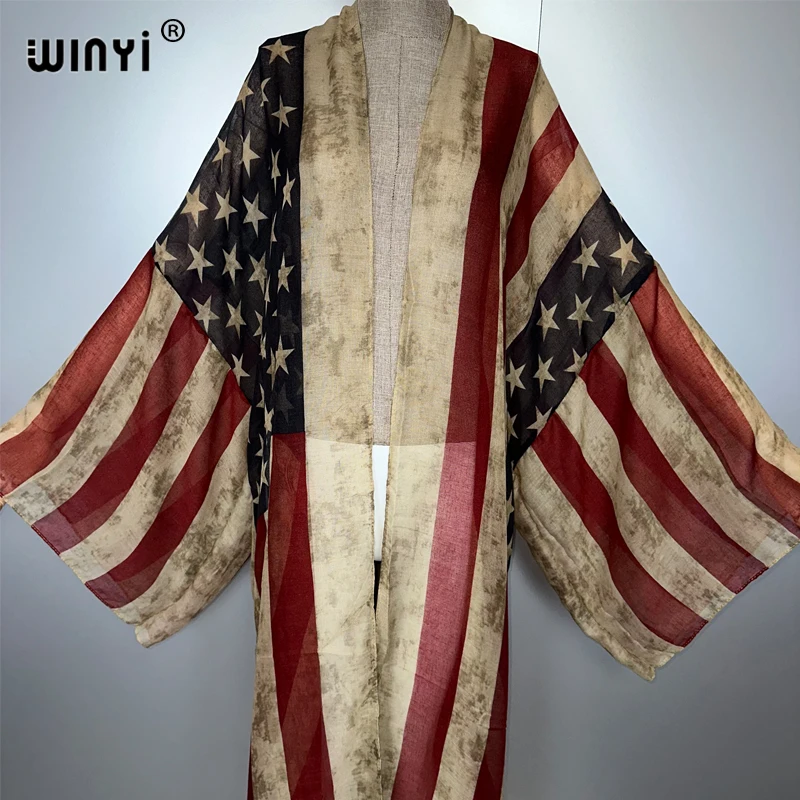 WINYI ملابس الصيف كيمونو أفريقيا موضة طباعة الشاطئ التستر فستان ريترو بالأزرار ملابس الشاطئ النساء عباية دبي قفطان فاخر