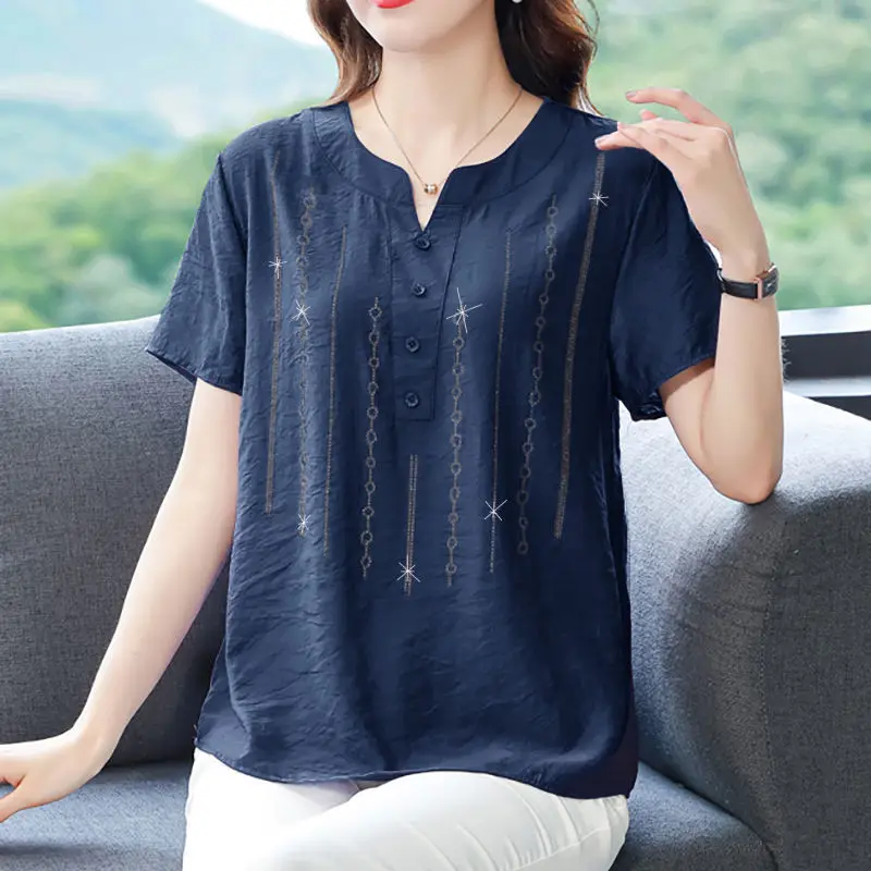 Summer New Middle-aged and Elderly Women\'s Clothing V-Neck Short Sleeve Spliced Button Solid Color Printed Commute POLO Shirt