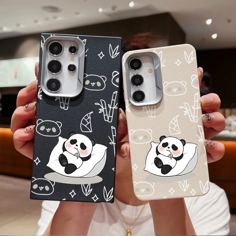 Lying Down Panda Case For Samsung Galaxy S24 S23 S22 Ultra S21 S20 FE A16 A14 A34 A15 A25 A35 A52 A53 A54 A55 5G Leather Texture