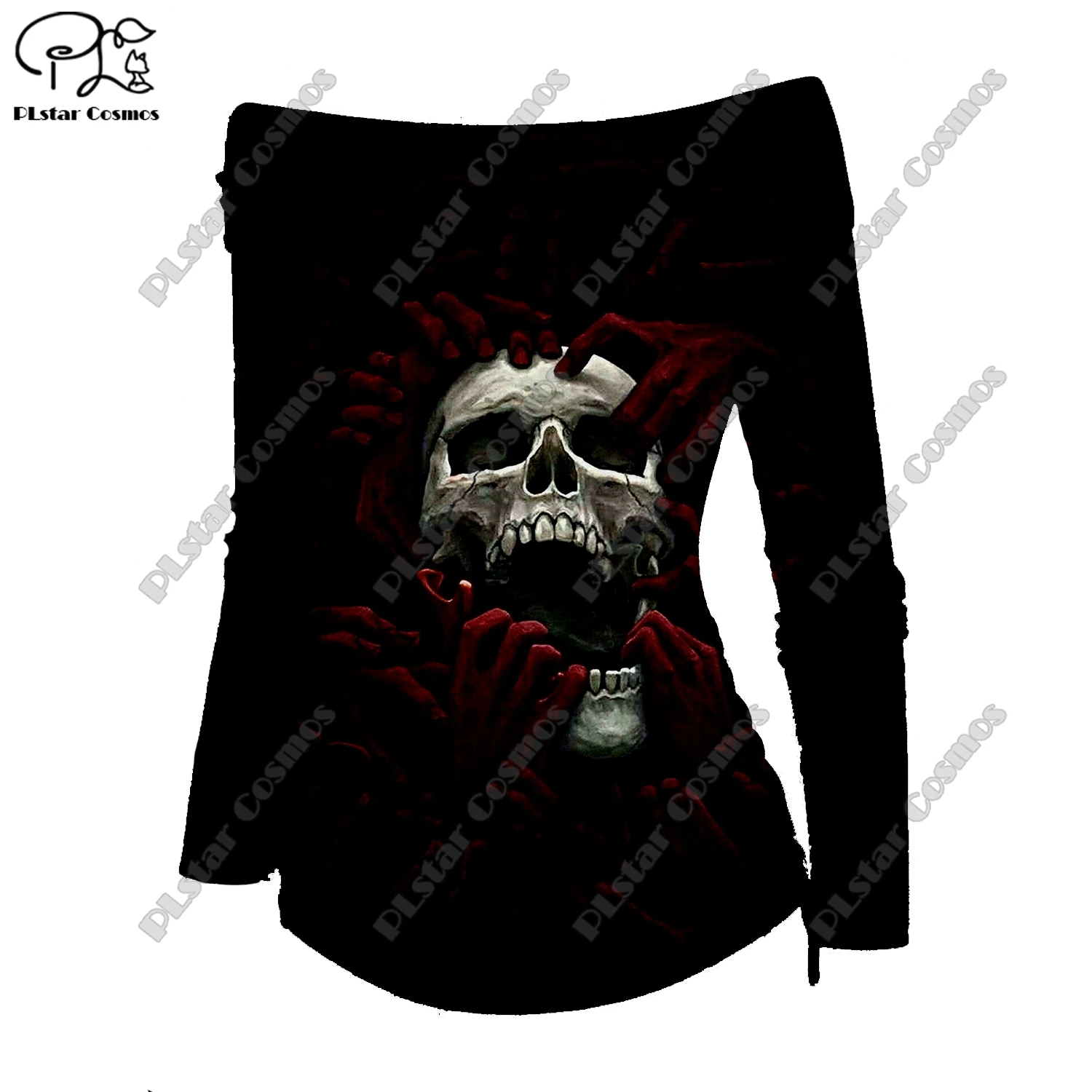 PLstar Cosmos 3D printed horror series cute ghost skull pattern art print off-shoulder pleated tight T-shirt women's casual top