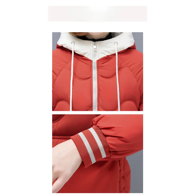 2023 New Down Cotton-padded Women Medium Length Large Size Hooded Loose Commuter Solid Color Hooded Cotton-padded Niche Coat
