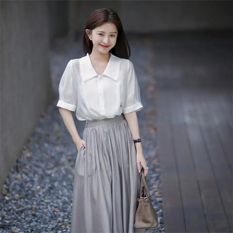 2024 Elegant Fashion Harajuku Slim Fit Female Clothes Loose Casual All Match Solid V Neck Insert Short Sleeve Tops Skirts Sets