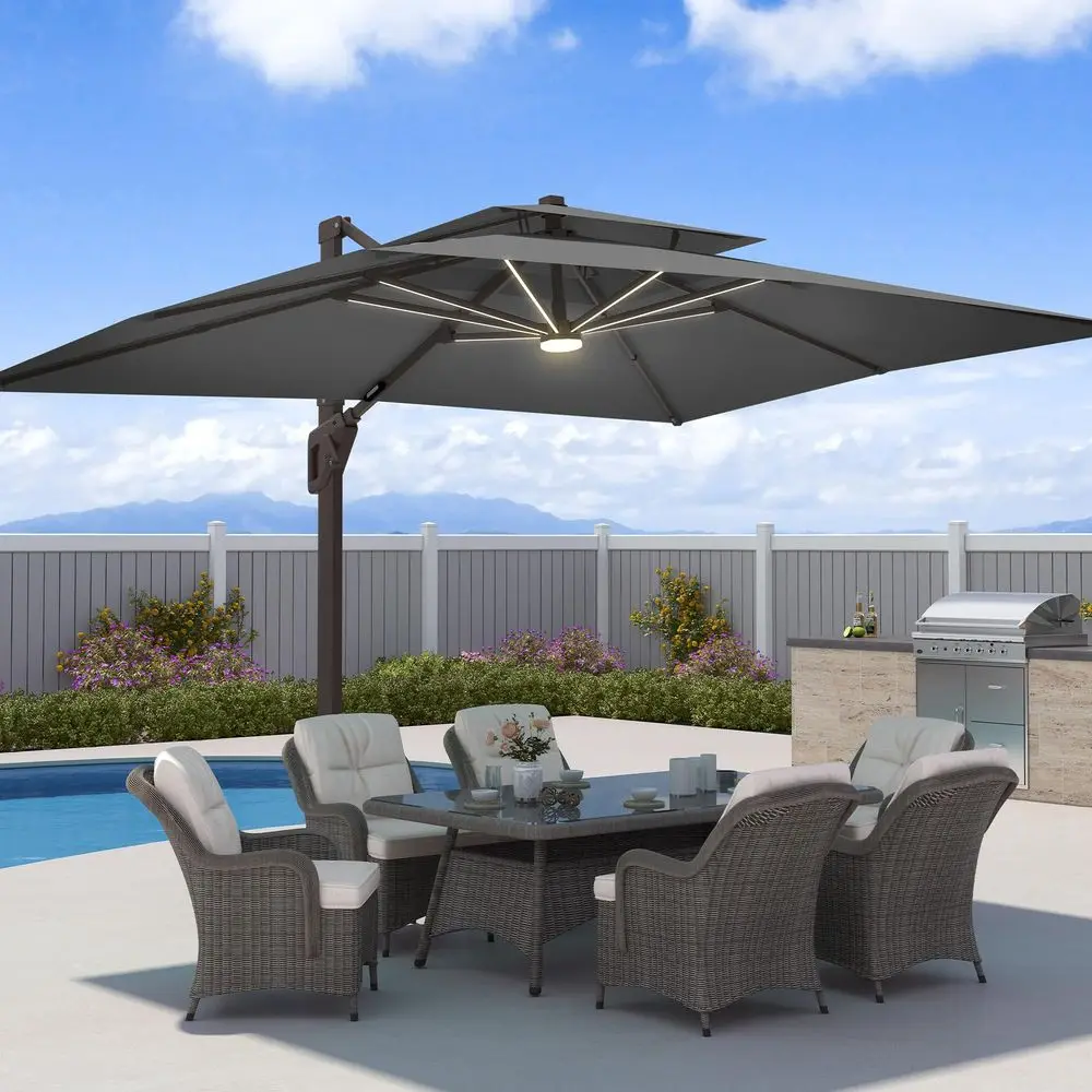 

FT Patio Umbrella with Weighted Base and LED Lights Cantilever Outdoor Large Heavy Duty Rectangle Aluminum Offset Umbrellas Dou
