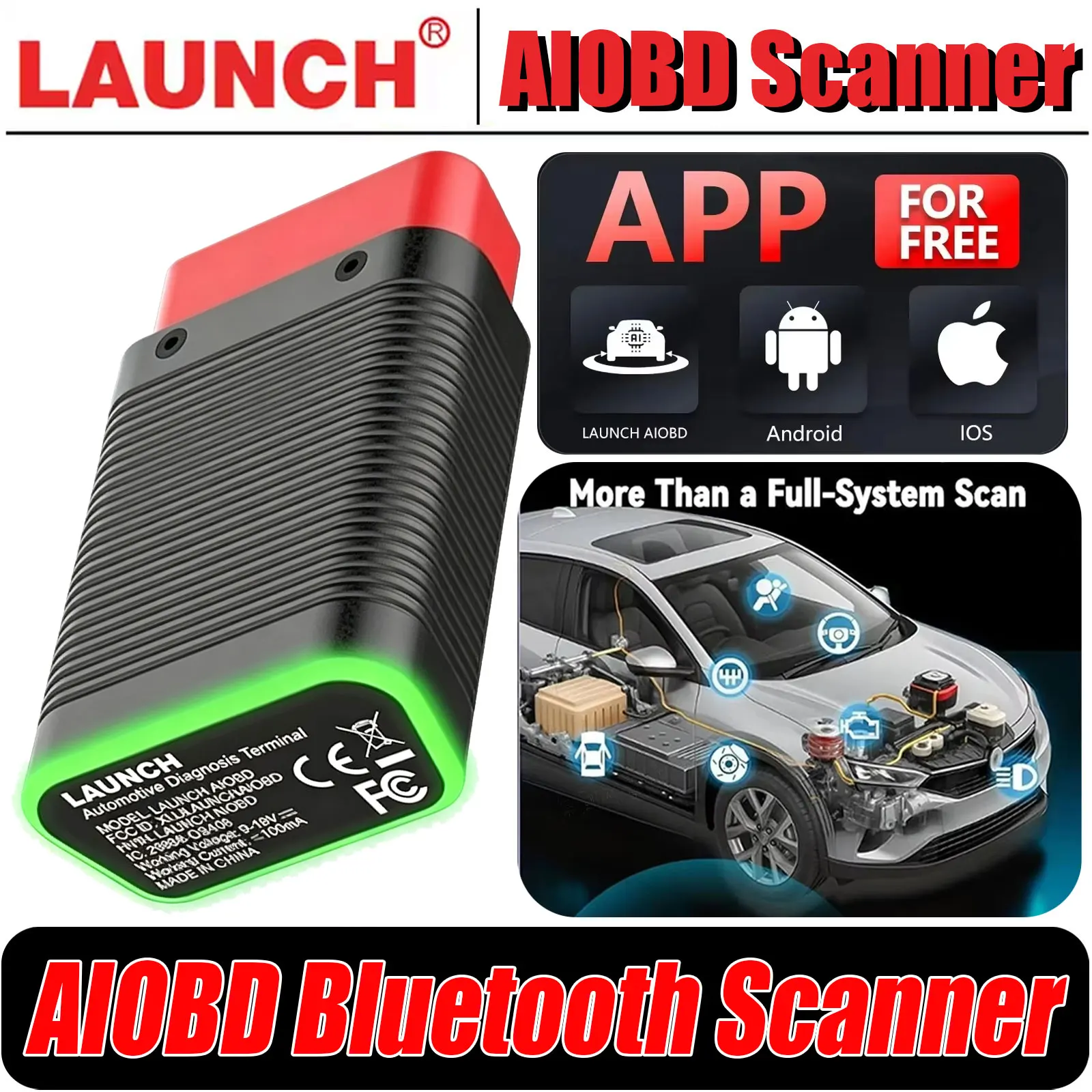 Диагностический сканер LAUNCH X431 AIOBD для автомобилей, Bluetooth-сканер, считыватель кодов, полнофункциональный диагностический инструмент OBD2, пожизненные обновления