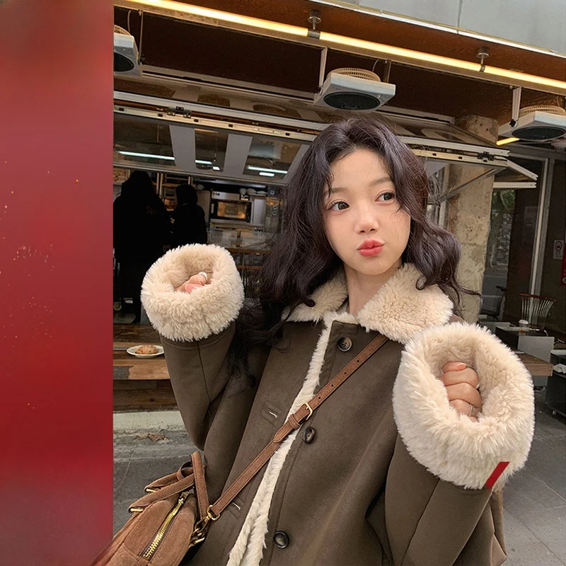 

Женская куртка-косуха Ibell Zhang с воротником из овчины, в стиле колор-блок, теплая, повседневная, с длинными рукавами, из полиэфирного волокна, женское пальто