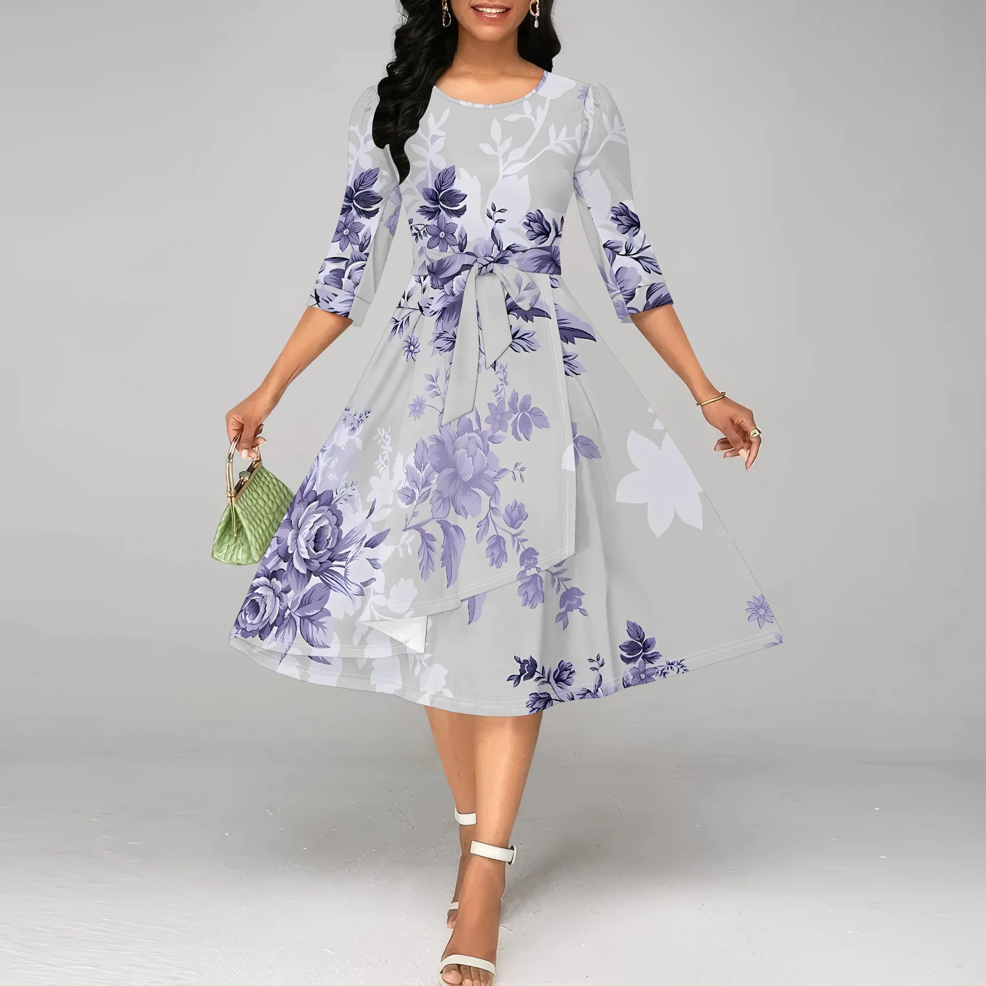 

Nupusa Light Grey Purple Floral Print Dress for Women Regular Size Summer Casual Round Neck 3/4 Sleeve Belted Midi Dress