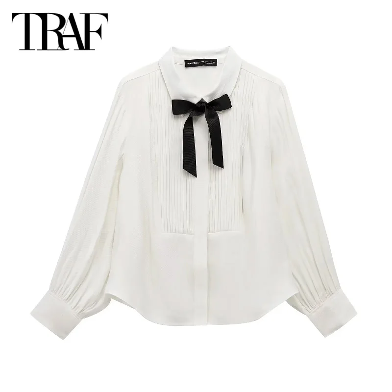 TRAF Women's Elegant White Shirts & Blouses 2025 Spring Long Sleeve Formal Shirts Fashion Casual Vintage Bow Large Size Tops