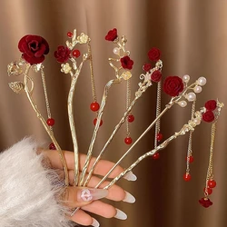 〔CC88〕 Red Rose Tassel Hair Sticks Chinese style Female Updo Hair Hairpin Valentine's Day Gift