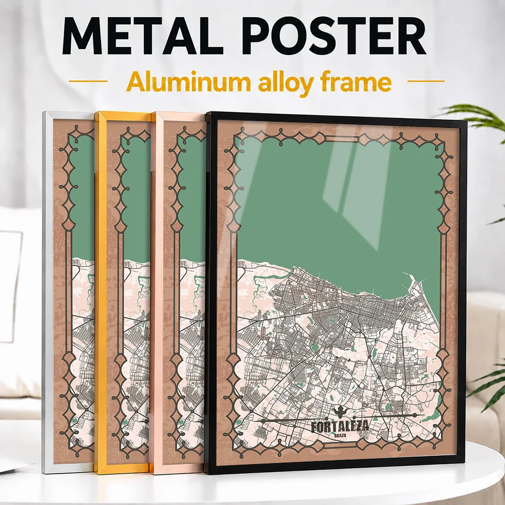 Fortaleza City Map Framed Metal Print Customized Photo Monochrome Street Style Wall Art For Home Office Premium Collector Gift