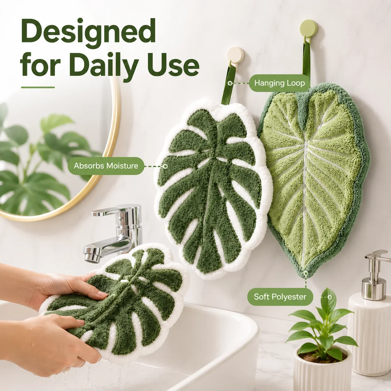 Hanging Leaf Hand Towel Soft Absorbent Polyester Handkerchief for Bathroom Kitchen Washbasin Tropical Plant Home Decor Cloth