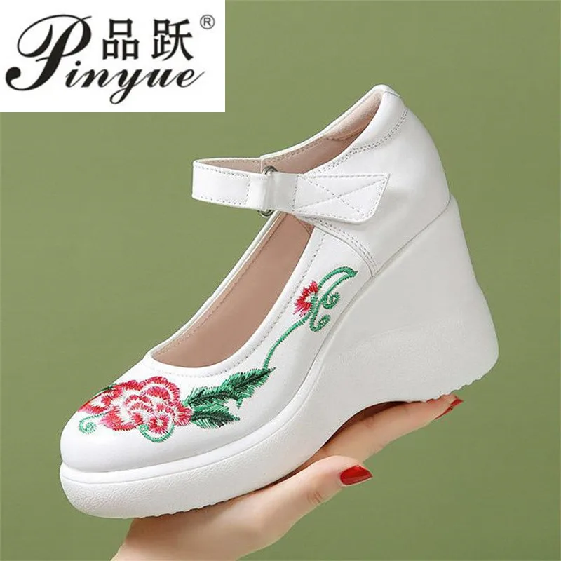 8cm Women's Embroidered Wedges Shoe Retro Mary Jane Pumps Casual Shoes Ladies High Heels Wedges Shoes Office Party shoes 34 41