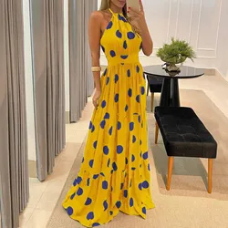 AliExpress 2021 Women Summer Maxi Dress Leopard Print/Butterfly/Polka Dot Halter Neck Backless Full-Length Skirt For Girls