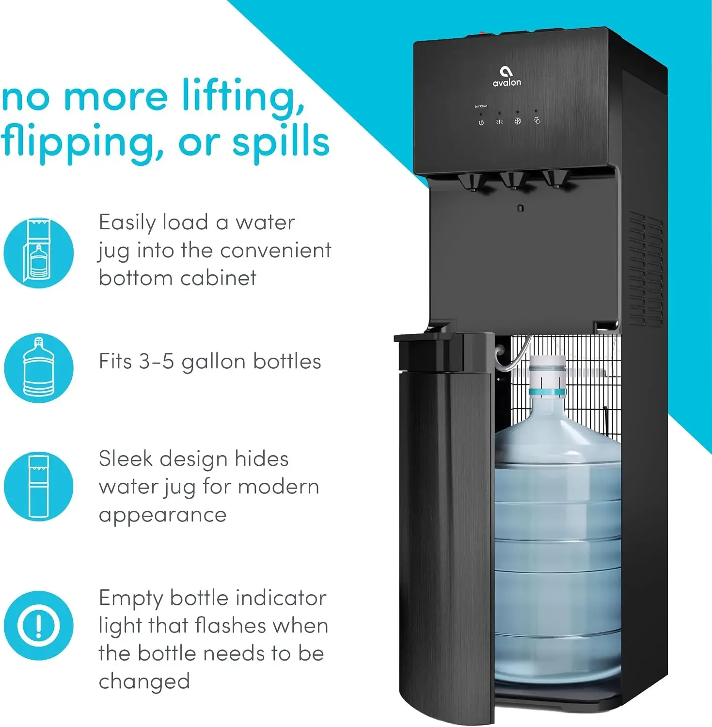 A3BLK Self Cleaning Bottom Loading Water Cooler Dispenser, 3 Temperature-UL/Energy Star Approved-Black Stainless Steel, 5