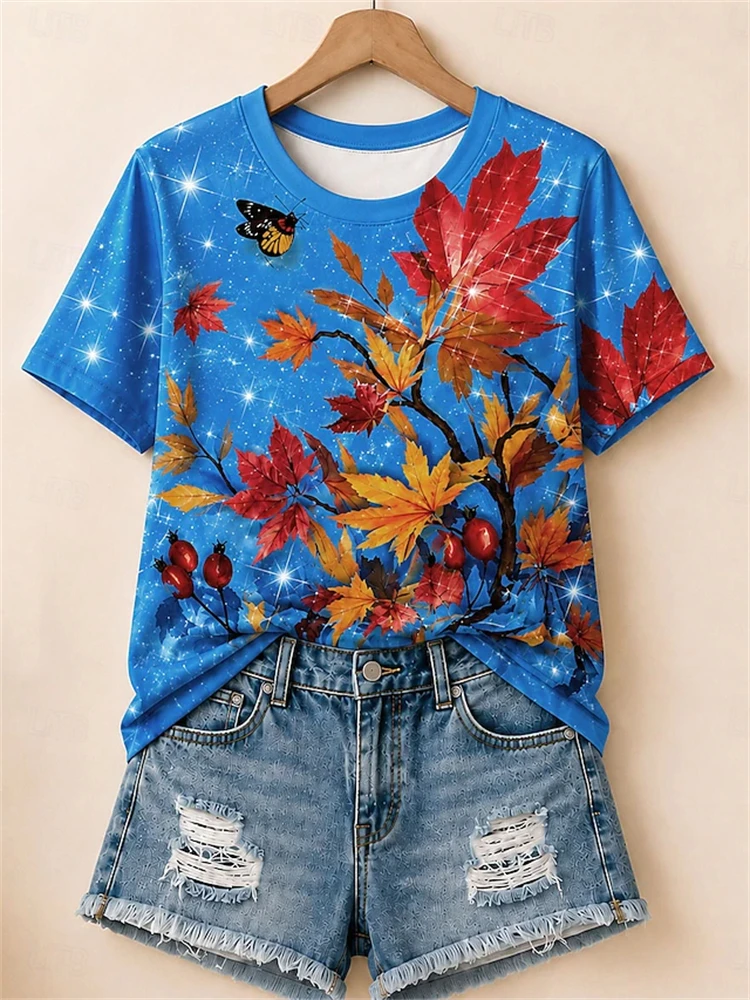 Women's Casual Round-Neck Short-Sleeve T-Shirt Maple Leaf and Butterfly Print T-Shirt Loose-Fitting and Breathable Women's Top