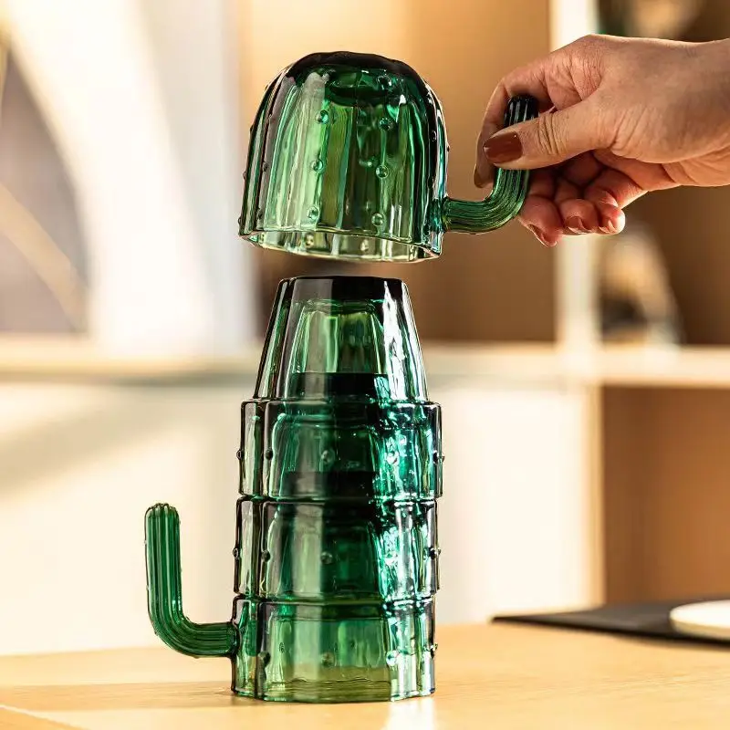 High value ins wind dark green cold water with cactus set cup family installation living room water cup stacked water cup glass