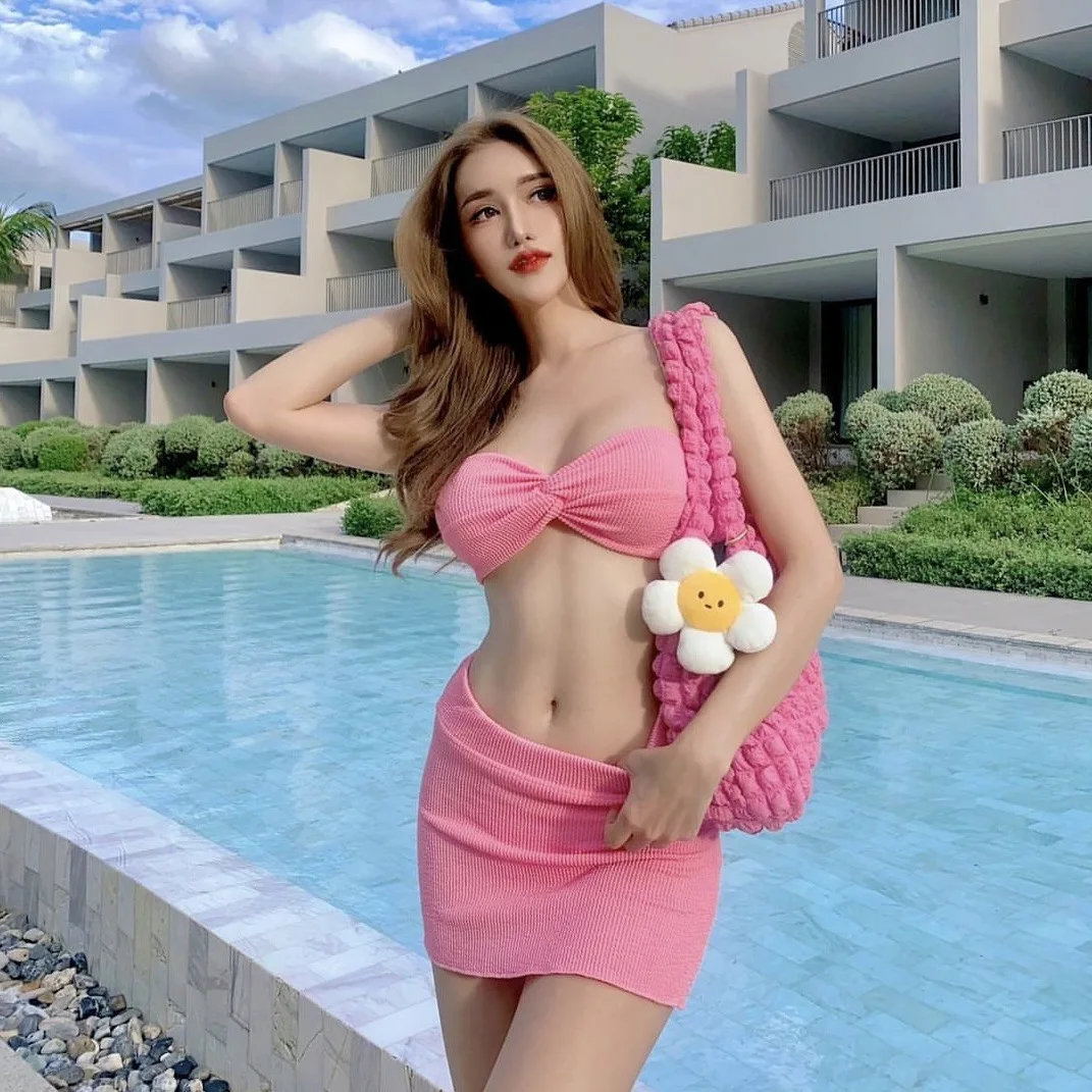 Sexy White Bandeau Swimwear High Waist Beach Skirt 2024 Women Two Pieces Swimsuit Bathing Suit Korean Bikini Set Beachwear Pool