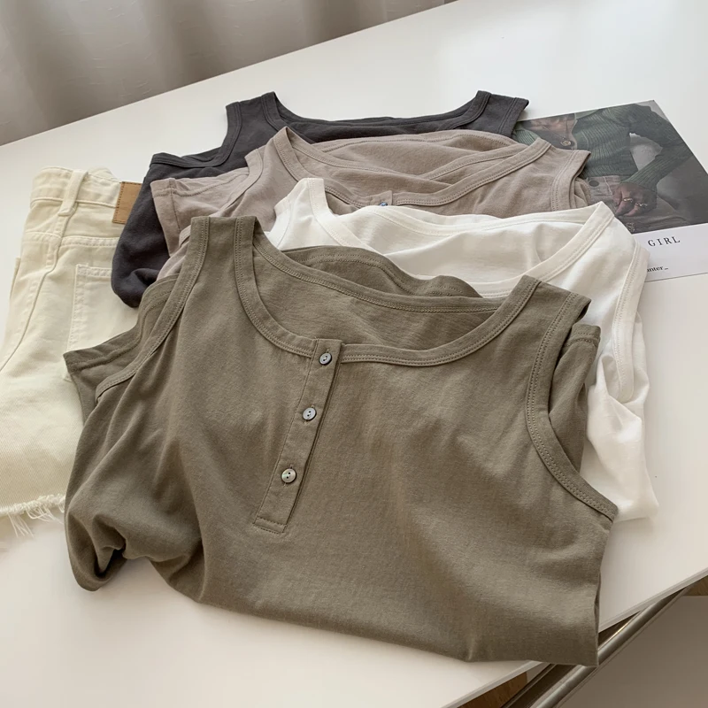 

Летняя повседневная женская майка-топ на пуговицах с бретелями, базовая рубашка для ношения под одеждой, верхняя одежда в корейском стиле, с круглым вырезом