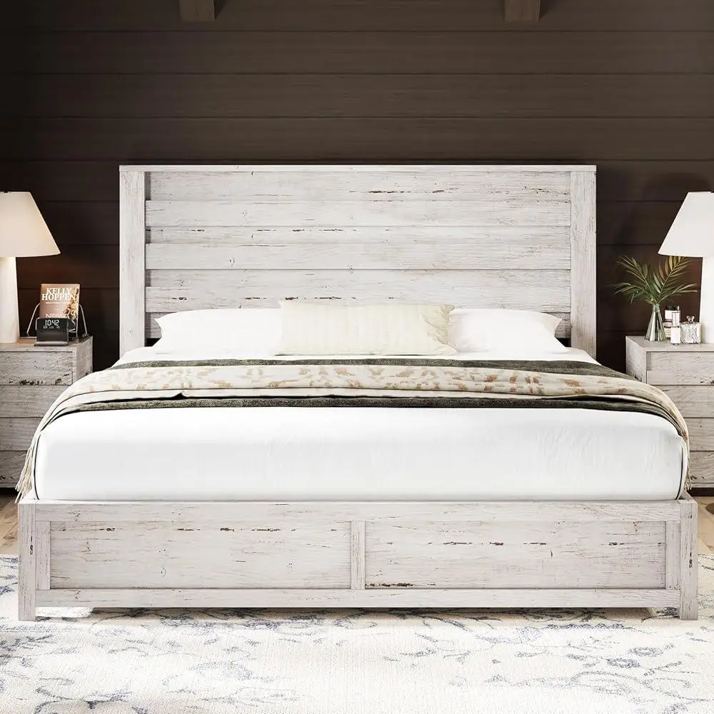 Farmhouse King Size Bed Frame with Fluted Headboard Wood Platform Squeak Resistant Features Ample Under Bed Storage