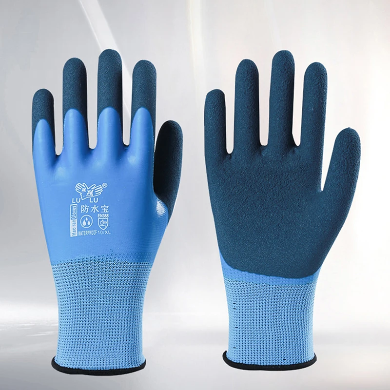 1 pair Gloves Latex Waterproof Fully Coated Gloves Nylon Blue Work Gloves Coldproof Protection Gardening Gloves