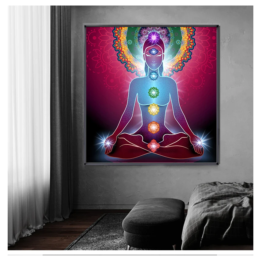 Buddha Statue Meditation 7 Chakra Mandala Psychedelic Yoga Boho Wall Art Paintings Décor Canvas Art Posters Prints Indian