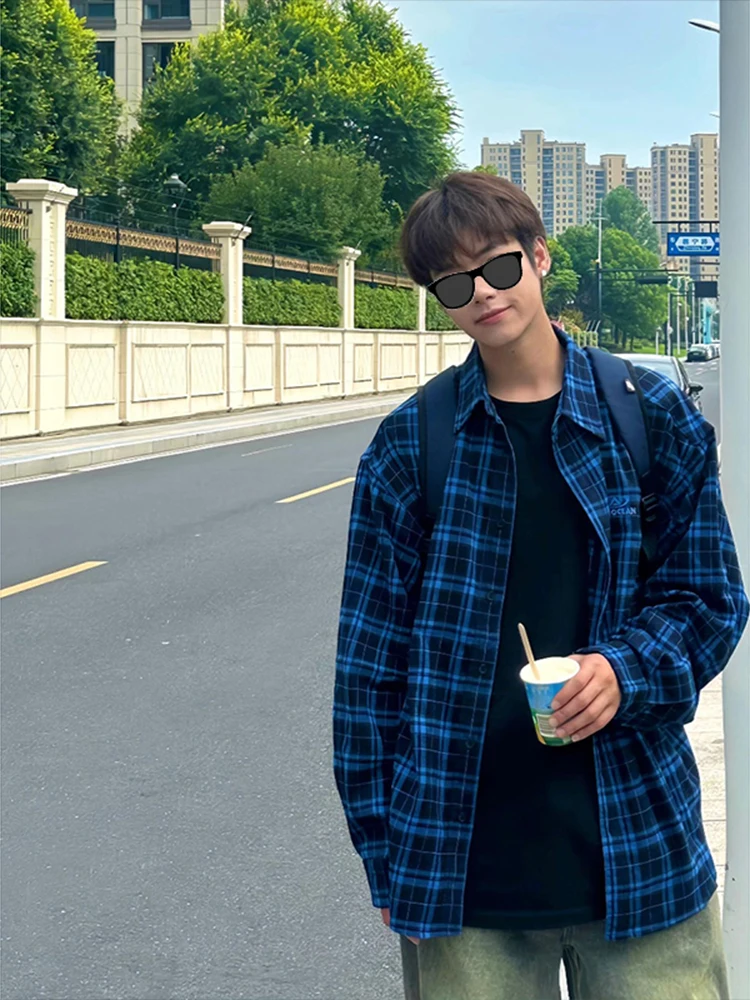 

Vintage Blue Plaid Men's irt American Retro Lazy Loose Outerwear Long Sve Coat Casual Cotton Polyester Blend Autumn Wear